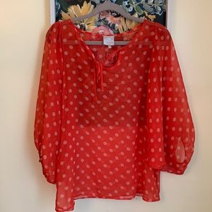 Anthropologie HI THERE coral polka dot sheer blouse, 8
